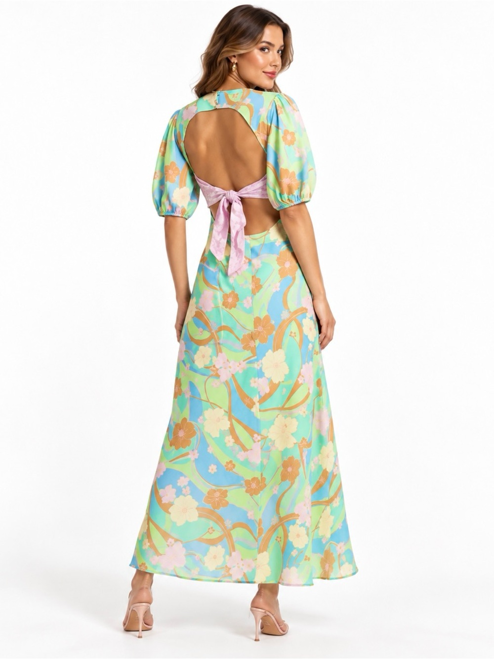 RIXO Steph Pastel Hibiscus Wave Open Back Maxi Dress L US 10 - Picture 2 of 11